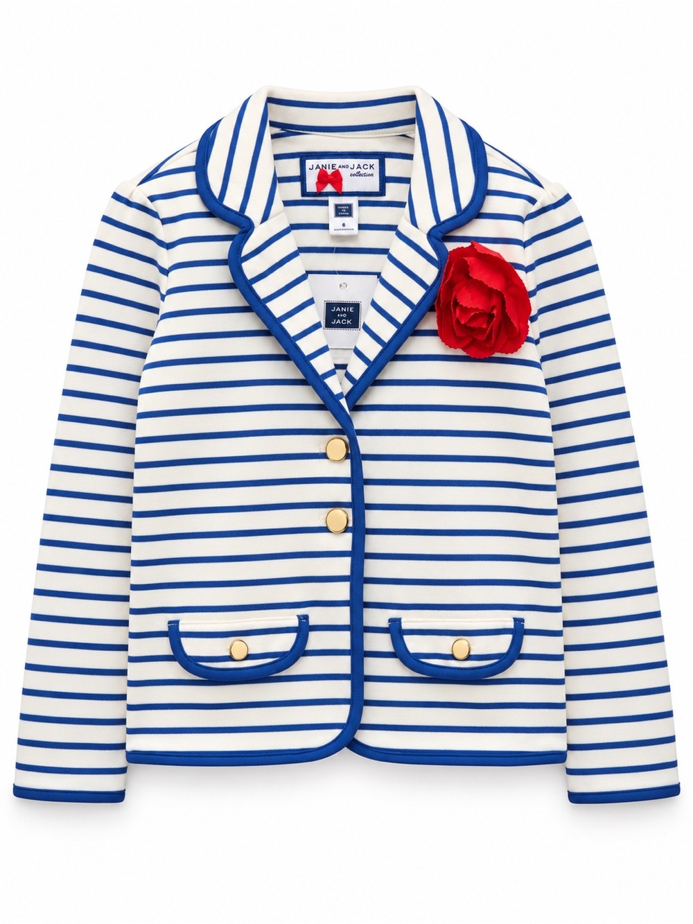 Janie and Jack Blue & White Striped Blazer with Red Flower Pin